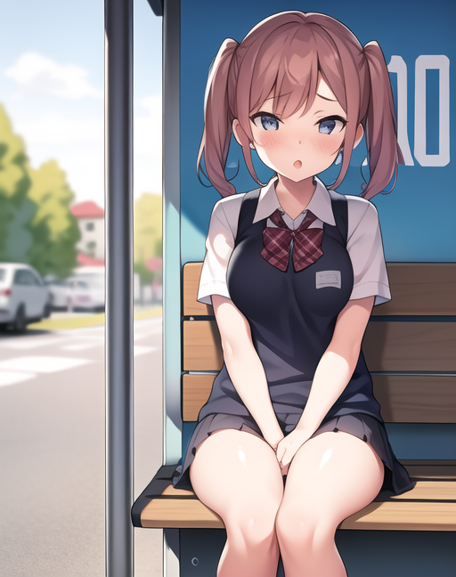 バス停のベンチに座る女の子